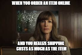shipping charges | WHEN YOU ORDER AN ITEM ONLINE; AND YOU REALIZE SHIPPING COSTS AS MUCH AS THE ITEM | image tagged in face | made w/ Imgflip meme maker