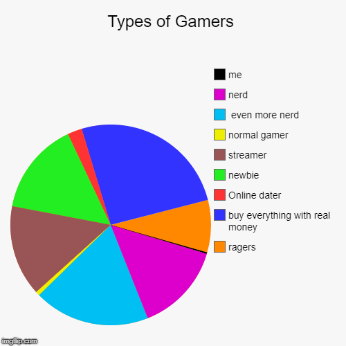 Types of gamers | Types of Gamers | ragers, buy everything with real money, Online dater, newbie, streamer, normal gamer,  even more nerd, nerd, me | image tagged in funny,pie charts,gaming,memes,lol | made w/ Imgflip chart maker