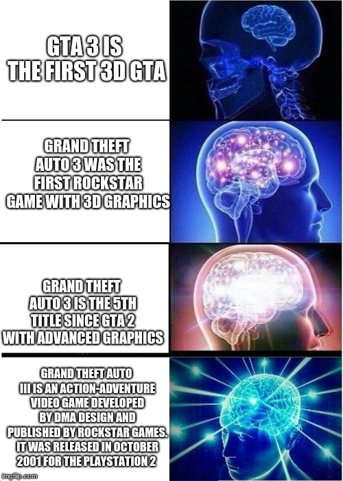Expanding Brain Meme | GTA 3 IS THE FIRST 3D GTA; GRAND THEFT AUTO 3 WAS THE FIRST ROCKSTAR GAME WITH 3D GRAPHICS; GRAND THEFT AUTO 3 IS THE 5TH TITLE SINCE GTA 2 WITH ADVANCED GRAPHICS; GRAND THEFT AUTO III IS AN ACTION-ADVENTURE VIDEO GAME DEVELOPED BY DMA DESIGN AND PUBLISHED BY ROCKSTAR GAMES. IT WAS RELEASED IN OCTOBER 2001 FOR THE PLAYSTATION 2 | image tagged in memes,expanding brain | made w/ Imgflip meme maker