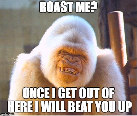 Roast too hard | ROAST ME? ONCE I GET OUT OF HERE I WILL BEAT YOU UP | image tagged in roast too hard | made w/ Imgflip meme maker