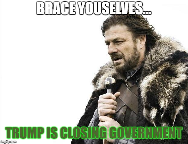 Brace Yourselves X is Coming Meme | BRACE YOUSELVES... TRUMP IS CLOSING GOVERNMENT | image tagged in memes,brace yourselves x is coming | made w/ Imgflip meme maker