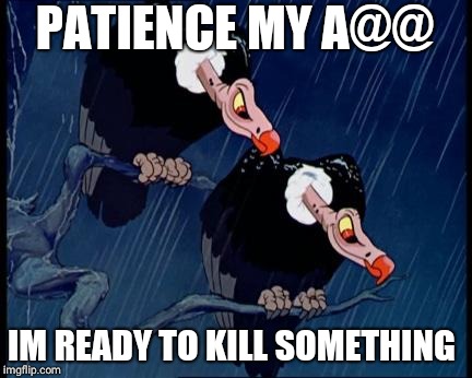 Disney Cartoon Vulture | PATIENCE MY A@@; IM READY TO KILL SOMETHING | image tagged in disney cartoon vulture | made w/ Imgflip meme maker