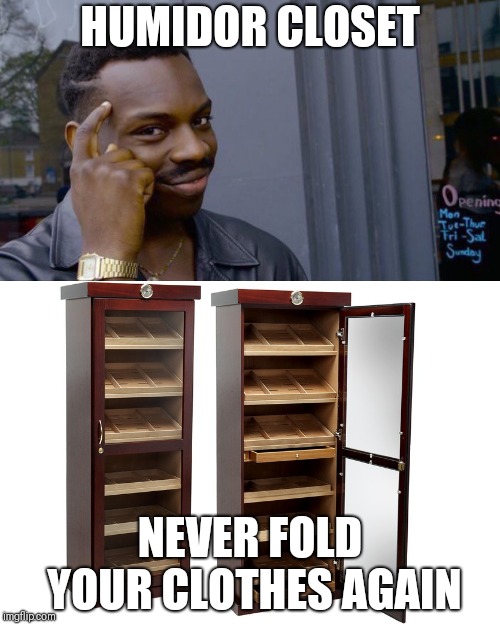 HUMIDOR CLOSET; NEVER FOLD YOUR CLOTHES AGAIN | image tagged in memes,roll safe think about it | made w/ Imgflip meme maker