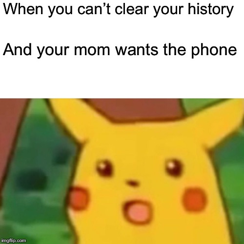 Surprised Pikachu | When you can’t clear your history; And your mom wants the phone | image tagged in memes,surprised pikachu | made w/ Imgflip meme maker