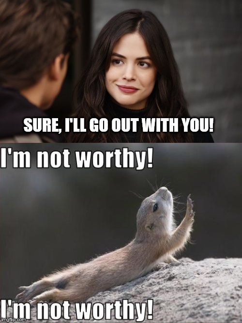 I'm Not Worthy! | SURE, I'LL GO OUT WITH YOU! | image tagged in i'm not worthy | made w/ Imgflip meme maker