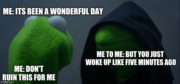 Evil Kermit Meme | ME: ITS BEEN A WONDERFUL DAY; ME TO ME: BUT YOU JUST WOKE UP LIKE FIVE MINUTES AGO; ME: DON'T RUIN THIS FOR ME | image tagged in memes,evil kermit | made w/ Imgflip meme maker