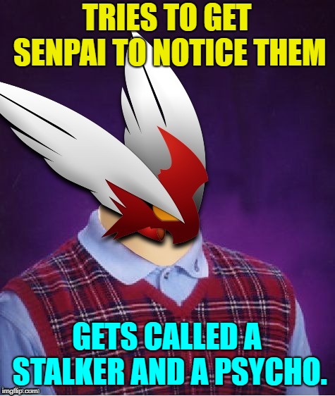 TRIES TO GET SENPAI TO NOTICE THEM GETS CALLED A STALKER AND A PSYCHO. | image tagged in bad luck blaze the blaziken | made w/ Imgflip meme maker