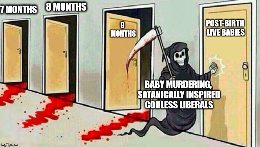 7 MONTHS 8 MONTHS 9 MONTHS POST-BIRTH LIVE BABIES BABY MURDERING, SATANICALLY INSPIRED GODLESS LIBERALS | made w/ Imgflip meme maker