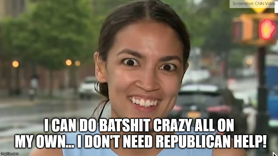 Alexandria Ocasio-Cortez | I CAN DO BATSHIT CRAZY ALL ON MY OWN... I DON'T NEED REPUBLICAN HELP! | image tagged in alexandria ocasio-cortez | made w/ Imgflip meme maker