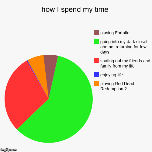 how I spend my time | playing Red Dead Redemption 2, enjoying life, shuting out my friends and family from my life, going into my dark close | image tagged in funny,pie charts | made w/ Imgflip chart maker