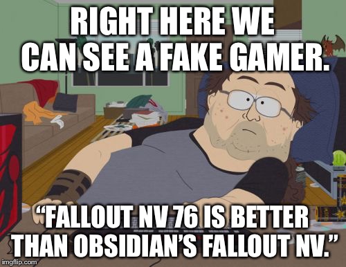 RPG Fan | RIGHT HERE WE CAN SEE A FAKE GAMER. “FALLOUT NV 76 IS BETTER THAN OBSIDIAN’S FALLOUT NV.” | image tagged in memes,rpg fan | made w/ Imgflip meme maker