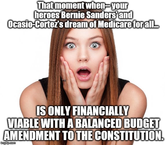 Well I haven't actually crunched the numbers, but I imagine... | That moment when-- your heroes Bernie Sanders' and Ocasio-Cortez's dream of Medicare for all... IS ONLY FINANCIALLY VIABLE WITH A BALANCED BUDGET AMENDMENT TO THE CONSTITUTION. | image tagged in craziness shocked female | made w/ Imgflip meme maker