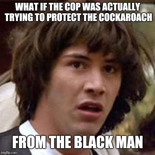 whoa | WHAT IF THE COP WAS ACTUALLY TRYING TO PROTECT THE COCKAROACH FROM THE BLACK MAN | image tagged in whoa | made w/ Imgflip meme maker