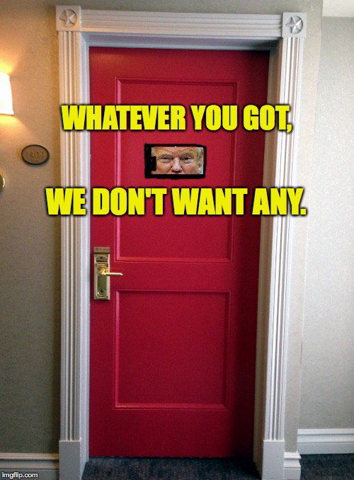 Even at home, Trump is a very private man. | WHATEVER YOU GOT, WE DON'T WANT ANY. | image tagged in hotel door,memes,trump,walls and doors | made w/ Imgflip meme maker