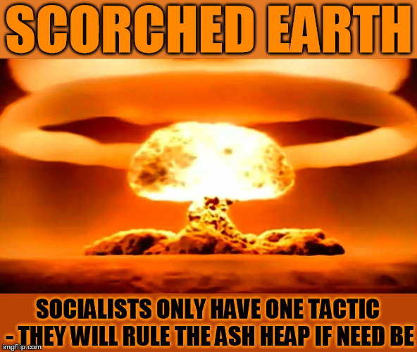 socialism only kills | SCORCHED EARTH; SOCIALISTS ONLY HAVE ONE TACTIC - THEY WILL RULE THE ASH HEAP IF NEED BE | image tagged in nuke | made w/ Imgflip meme maker