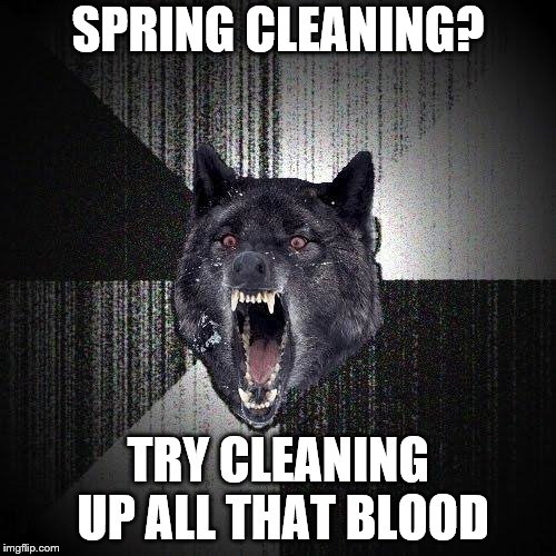 Insanity Wolf | SPRING CLEANING? TRY CLEANING UP ALL THAT BLOOD | image tagged in memes,insanity wolf | made w/ Imgflip meme maker