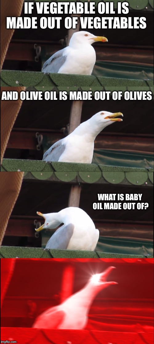 Inhaling Seagull Meme | IF VEGETABLE OIL IS MADE OUT OF VEGETABLES; AND OLIVE OIL IS MADE OUT OF OLIVES; WHAT IS BABY OIL MADE OUT OF? | image tagged in memes,inhaling seagull | made w/ Imgflip meme maker