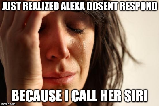 First World Problems Meme | JUST REALIZED ALEXA DOSENT RESPOND; BECAUSE I CALL HER SIRI | image tagged in memes,first world problems | made w/ Imgflip meme maker