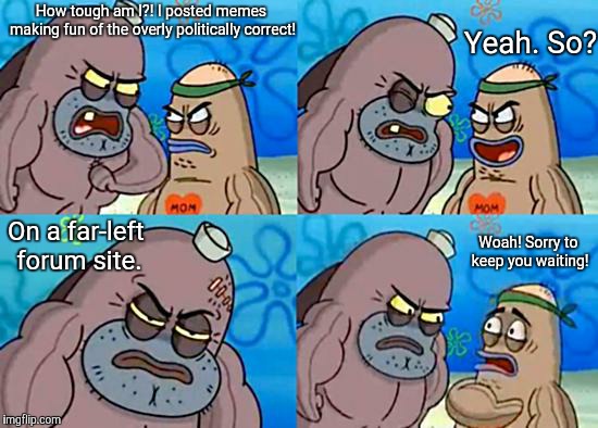 It's like swearing on a Christian server, almost. | How tough am I?! I posted memes making fun of the overly politically correct! Yeah. So? On a far-left forum site. Woah! Sorry to keep you waiting! | image tagged in salty spitoon,political correctness,forums,internet | made w/ Imgflip meme maker
