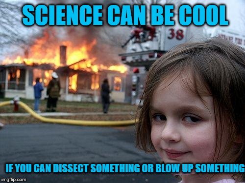 Disaster Girl Meme | SCIENCE CAN BE COOL IF YOU CAN DISSECT SOMETHING OR BLOW UP SOMETHING | image tagged in memes,disaster girl | made w/ Imgflip meme maker