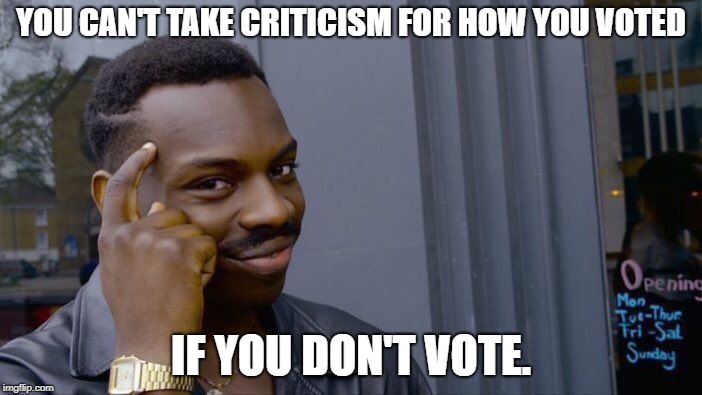 Please vote. This is only sarcasm...  | YOU CAN'T TAKE CRITICISM FOR HOW YOU VOTED; IF YOU DON'T VOTE. | image tagged in memes,roll safe think about it,vote,voting,voter intimidation | made w/ Imgflip meme maker