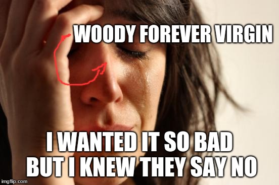 First World Problems Meme | WOODY FOREVER VIRGIN I WANTED IT SO BAD BUT I KNEW THEY SAY NO | image tagged in memes,first world problems | made w/ Imgflip meme maker