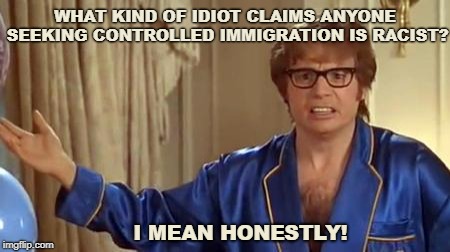 Austin Powers Honestly Meme | WHAT KIND OF IDIOT CLAIMS ANYONE SEEKING CONTROLLED IMMIGRATION IS RACIST? I MEAN HONESTLY! | image tagged in memes,austin powers honestly | made w/ Imgflip meme maker