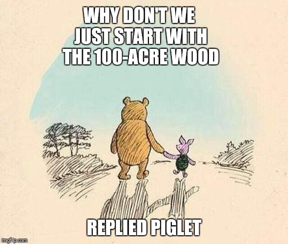 Pooh and Piglet | WHY DON'T WE JUST START WITH THE 100-ACRE WOOD REPLIED PIGLET | image tagged in pooh and piglet | made w/ Imgflip meme maker