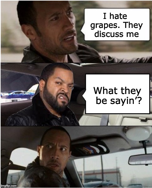 Pronunciation Matters | I hate grapes. They discuss me; What they be sayin’? | image tagged in the rock driving ice cube,rapper | made w/ Imgflip meme maker