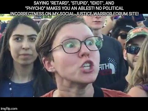 Angry sjw | SAYING "RETARD", "STUPID", "IDIOT", AND "PHYCHO" MAKES YOU AN ABLEST! NO POLITICAL INCORRECTNESS ON MY SOCIAL JUSTICE WARRIOR FORUM SITE! | image tagged in angry sjw | made w/ Imgflip meme maker