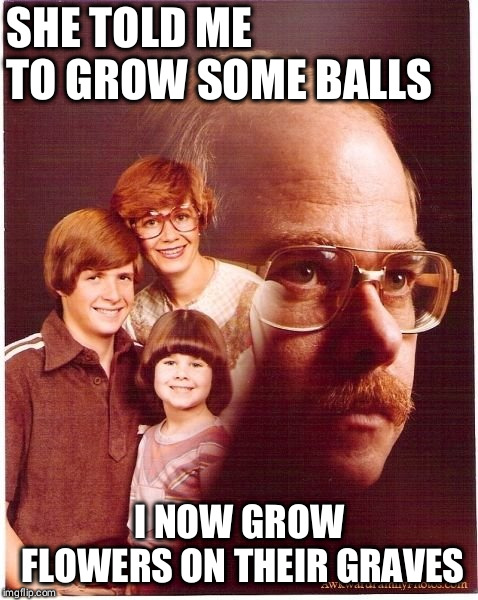 Vengeance Dad | SHE TOLD ME TO GROW SOME BALLS; I NOW GROW FLOWERS ON THEIR GRAVES | image tagged in memes,vengeance dad | made w/ Imgflip meme maker