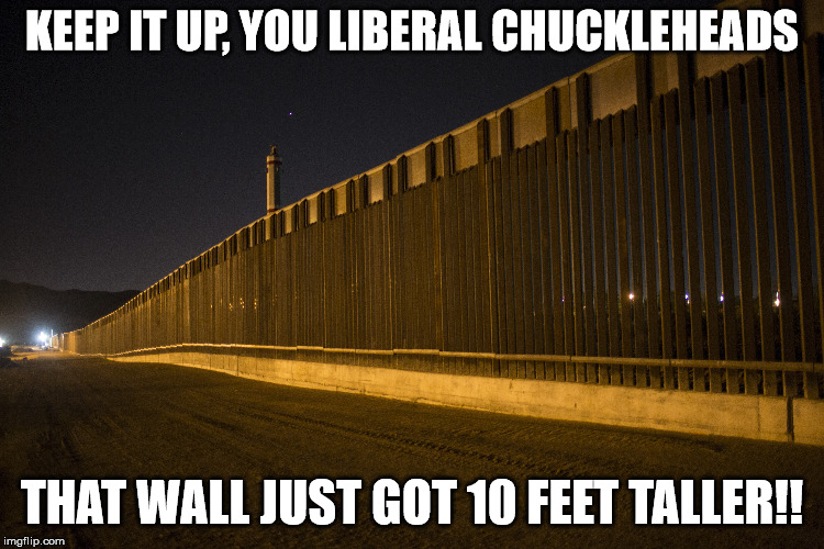KEEP IT UP, YOU LIBERAL CHUCKLEHEADS THAT WALL JUST GOT 10 FEET TALLER!! | made w/ Imgflip meme maker