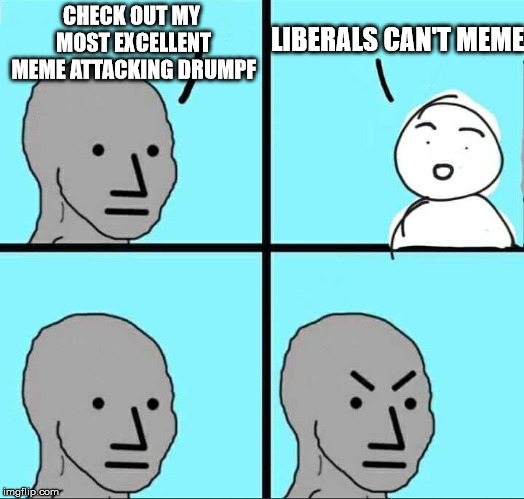 NPC Meme | CHECK OUT MY MOST EXCELLENT MEME ATTACKING DRUMPF LIBERALS CAN'T MEME | image tagged in npc meme | made w/ Imgflip meme maker