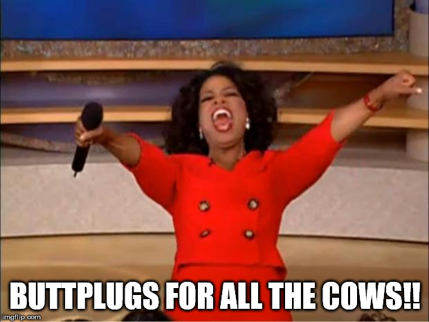 Oprah You Get A Meme | BUTTPLUGS FOR ALL THE COWS!! | image tagged in memes,oprah you get a | made w/ Imgflip meme maker