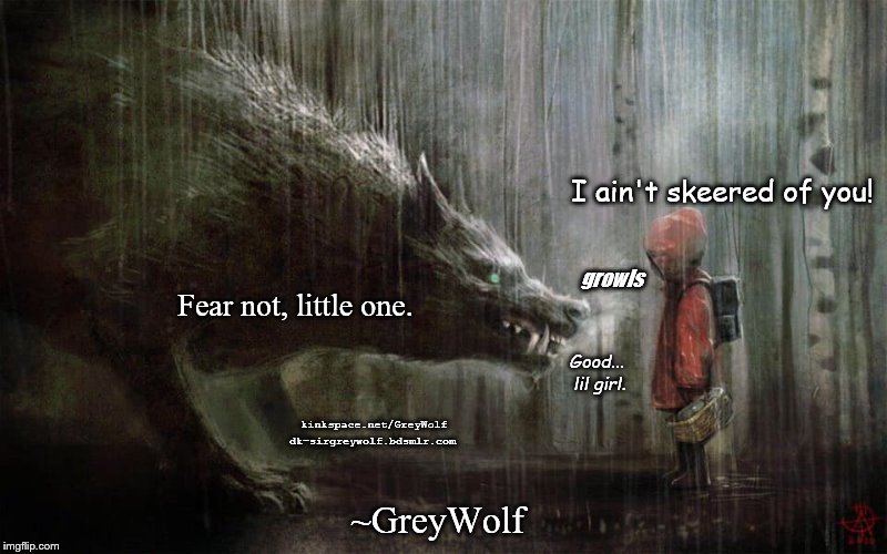 Fear not, little girl. | I ain't skeered of you! growls; Fear not, little one. Good... lil girl. kinkspace.net/GreyWolf; dk-sirgreywolf.bdsmlr.com; ~GreyWolf | image tagged in wolf,little red riding hood,big bad wolf | made w/ Imgflip meme maker
