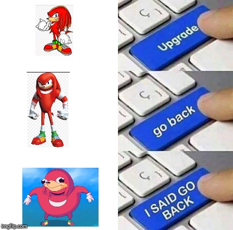 Knuckles, Boom Knuckles, and Dead Meme Knuckles | image tagged in upgrade go back i said go back | made w/ Imgflip meme maker