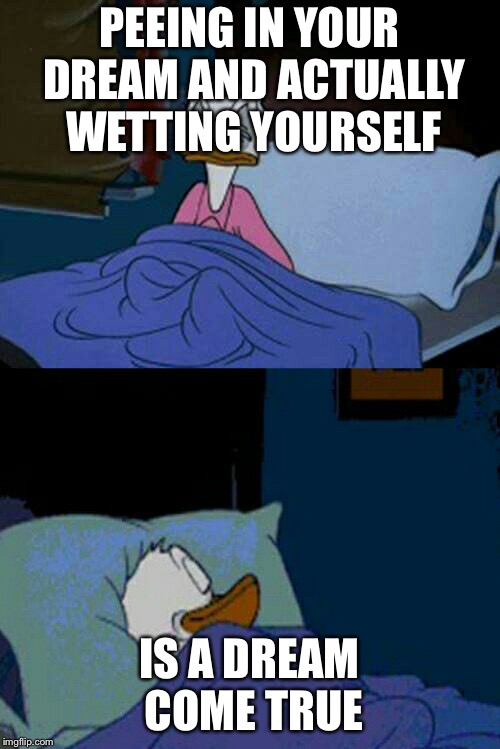 sleepy donald duck in bed | PEEING IN YOUR DREAM AND ACTUALLY WETTING YOURSELF; IS A DREAM COME TRUE | image tagged in sleepy donald duck in bed | made w/ Imgflip meme maker