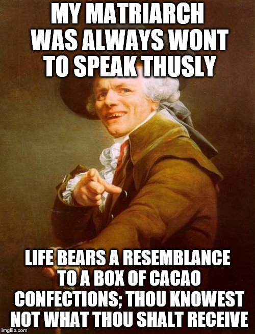 and that is the extent of what I wish to communicate regarding that | MY MATRIARCH WAS ALWAYS WONT TO SPEAK THUSLY; LIFE BEARS A RESEMBLANCE TO A BOX OF CACAO CONFECTIONS; THOU KNOWEST NOT WHAT THOU SHALT RECEIVE | image tagged in memes,joseph ducreux,forrest gump box of chocolates | made w/ Imgflip meme maker