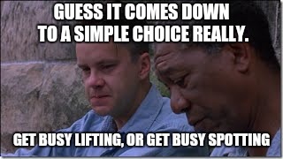 Do you even lift, bro? | GUESS IT COMES DOWN TO A SIMPLE CHOICE REALLY. GET BUSY LIFTING, OR GET BUSY SPOTTING | image tagged in the shawshank redemption | made w/ Imgflip meme maker