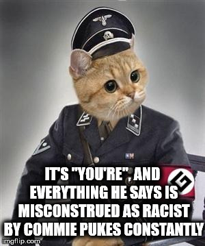 Grammar Nazi Cat | IT'S "YOU'RE", AND EVERYTHING HE SAYS IS MISCONSTRUED AS RACIST BY COMMIE PUKES CONSTANTLY | image tagged in grammar nazi cat | made w/ Imgflip meme maker