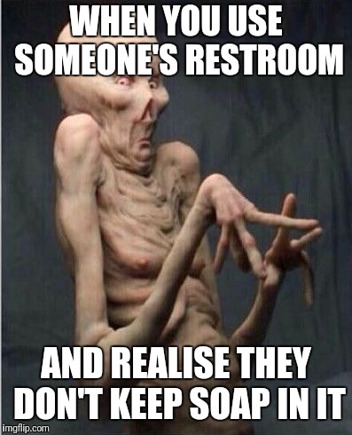 Grossed Out Alien | WHEN YOU USE SOMEONE'S RESTROOM; AND REALISE THEY DON'T KEEP SOAP IN IT | image tagged in grossed out alien | made w/ Imgflip meme maker