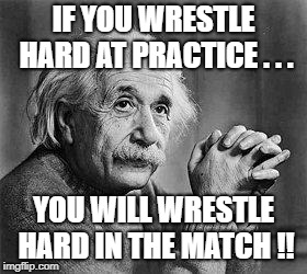 Albert Einstein | IF YOU WRESTLE HARD AT PRACTICE . . . YOU WILL WRESTLE HARD IN THE MATCH !! | image tagged in albert einstein | made w/ Imgflip meme maker