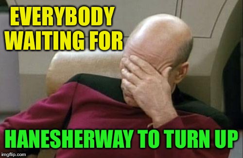 Captain Picard Facepalm Meme | EVERYBODY WAITING FOR HANESHERWAY TO TURN UP | image tagged in memes,captain picard facepalm | made w/ Imgflip meme maker