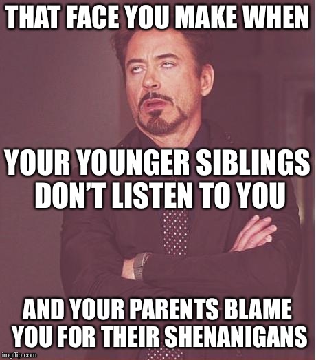 That face you make | THAT FACE YOU MAKE WHEN; YOUR YOUNGER SIBLINGS DON’T LISTEN TO YOU; AND YOUR PARENTS BLAME YOU FOR THEIR SHENANIGANS | image tagged in that face you make | made w/ Imgflip meme maker
