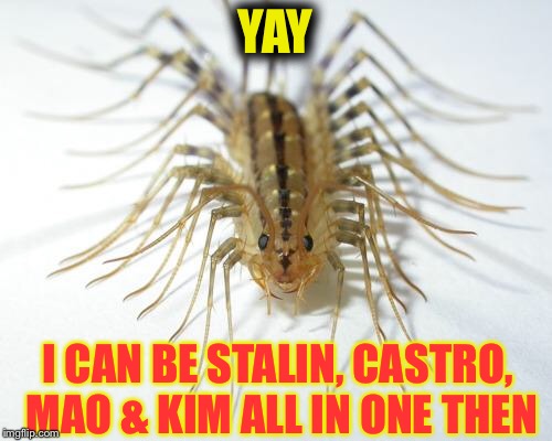 house centipede | YAY I CAN BE STALIN, CASTRO, MAO & KIM ALL IN ONE THEN | image tagged in house centipede | made w/ Imgflip meme maker