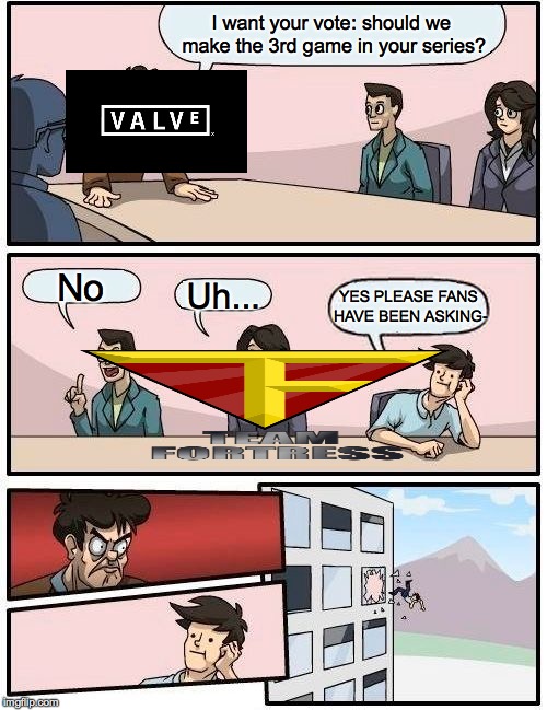 Boardroom Meeting Suggestion | I want your vote: should we make the 3rd game in your series? No; Uh... YES PLEASE FANS HAVE BEEN ASKING- | image tagged in memes,boardroom meeting suggestion | made w/ Imgflip meme maker