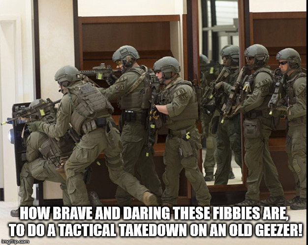 FBI SWAT | HOW BRAVE AND DARING THESE FIBBIES ARE, TO DO A TACTICAL TAKEDOWN ON AN OLD GEEZER! | image tagged in fbi swat | made w/ Imgflip meme maker