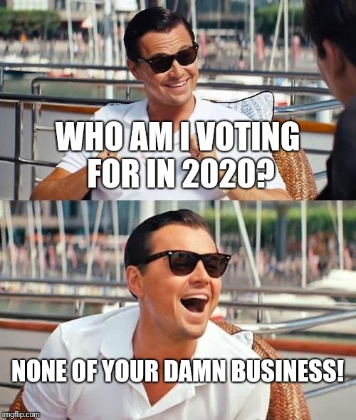 In other words, I'm not sure yet... | WHO AM I VOTING FOR IN 2020? NONE OF YOUR DAMN BUSINESS! | image tagged in memes,leonardo dicaprio wolf of wall street,politics,vote,not sure if | made w/ Imgflip meme maker