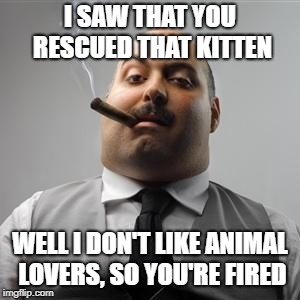 Bad boss | I SAW THAT YOU RESCUED THAT KITTEN; WELL I DON'T LIKE ANIMAL LOVERS, SO YOU'RE FIRED | image tagged in bad boss | made w/ Imgflip meme maker