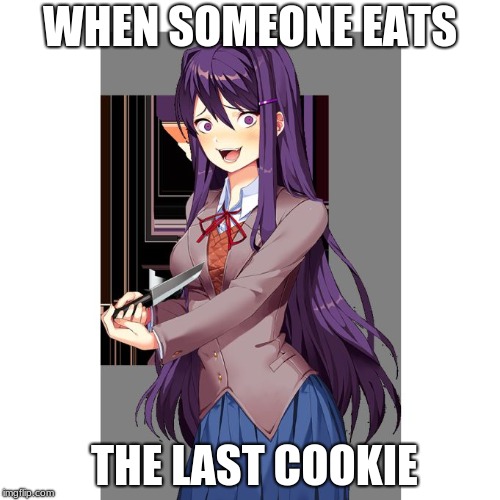 Yuri and knife | WHEN SOMEONE EATS; THE LAST COOKIE | image tagged in yuri and knife | made w/ Imgflip meme maker